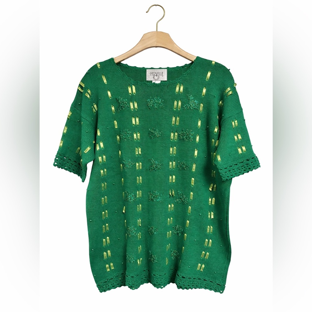 Cervelle Green Crochet Trim Whimsical Knit Sweater Ribbon Embroidered Floral L